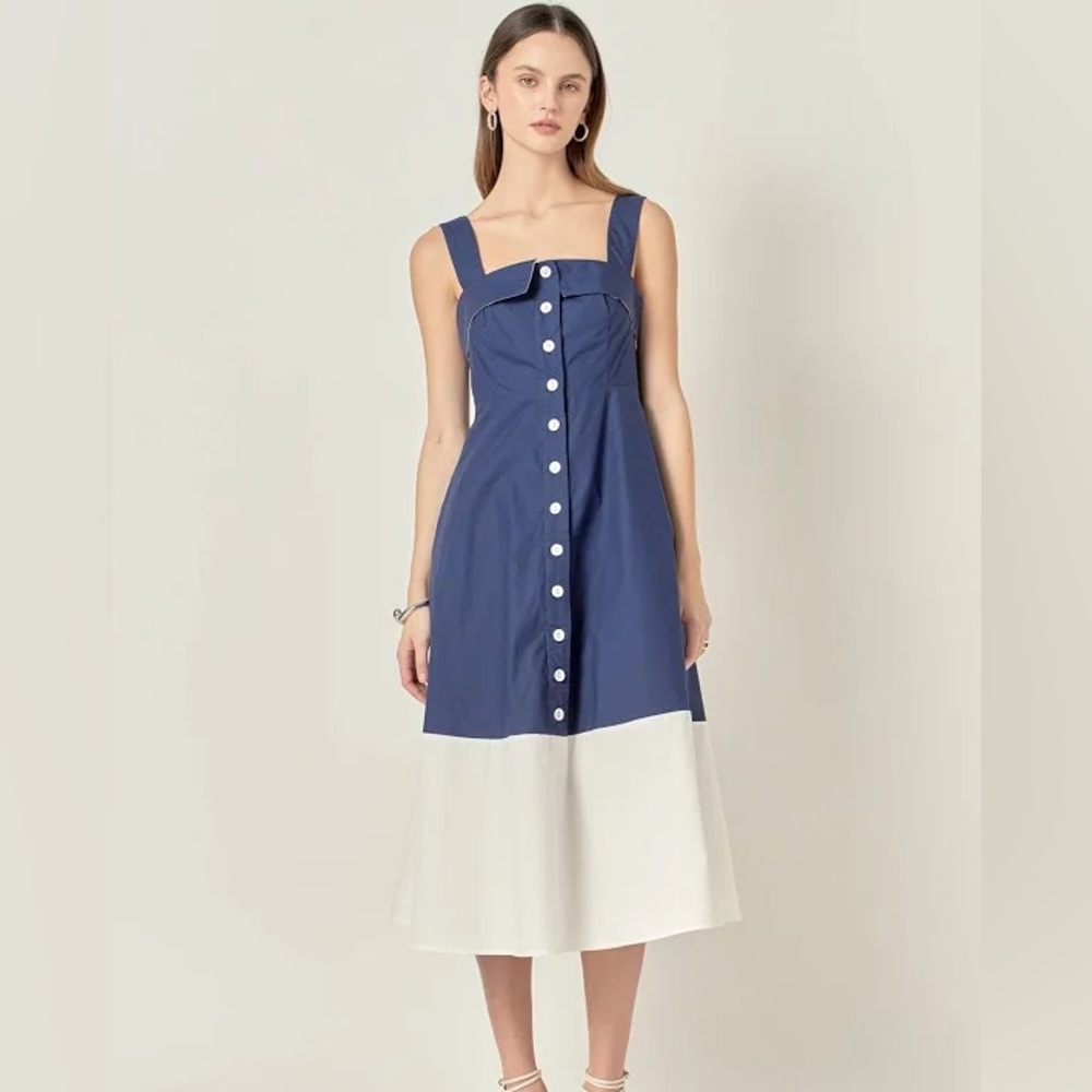 English Factory Navy and White Midi Button Front Dress